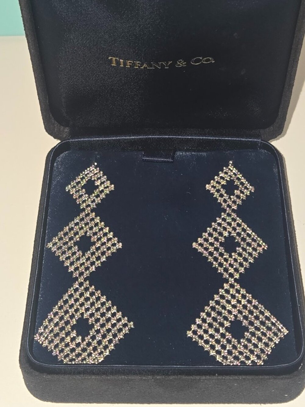 New Extremely Rare Authentic Tiffany & Co. Fringe 3 Tier Earrings 18K White Gold
